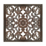 Benzara Square Shape Wooden Wall Panel with Filigree Carvings, Burnt Brown UPT-200179 Brown MDF UPT-200179