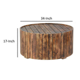 Benzara 34 Inch Handmade Wooden Round Coffee Table with Plank Design, Burned Brown UPT-204785 Brown Mango Wood and Metal UPT-204785