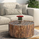 Benzara 34 Inch Handmade Wooden Round Coffee Table with Plank Design, Burned Brown UPT-204785 Brown Mango Wood and Metal UPT-204785