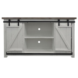 Benzara Farmhouse Style Media Console with Barn Style Sliding Door, Brown and White UPT-205743 Brown and White Wood and Metal UPT-205743