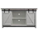 Benzara Farmhouse Style Media Console with Barn Style Sliding Door, Brown and White UPT-205743 Brown and White Wood and Metal UPT-205743