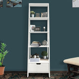 Benzara 4 Shelf Wooden Ladder Bookcase with Bottom Drawer, Antique white UPT-205750 White Wood UPT-205750