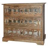 Benzara 3 Drawer Mango Wood Console Storage Cabinet with Lattice Design Mirror Front, Brown UPT-213131  Mango Wood UPT-213131