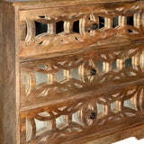Benzara 3 Drawer Mango Wood Console Storage Cabinet with Lattice Design Mirror Front, Brown UPT-213131  Mango Wood UPT-213131