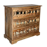 3 Drawer Mango Wood Console Storage Cabinet with Lattice Design Mirror Front, Brown