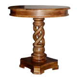 Round Mango Wood Table with Twisted Pedestal Base and Molded Top, Walnut Brown