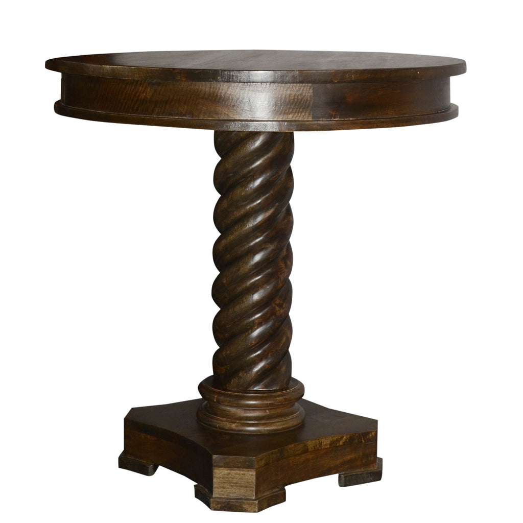 Benzara Round Mango Wood Table with Twisted Pedestal Base and Molded Top, Dark Brown UPT-213135 Brown Mango Wood UPT-213135