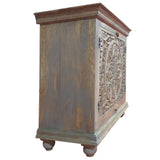 Benzara Molded Wooden Cabinet with Intricate Cutout Design Doors, Distressed Gray UPT-213137 Brown Solid Wood UPT-213137