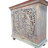 Benzara Molded Wooden Cabinet with Intricate Cutout Design Doors, Distressed Gray UPT-213137 Brown Solid Wood UPT-213137