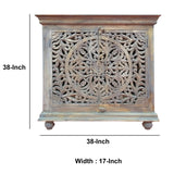 Benzara Molded Wooden Cabinet with Intricate Cutout Design Doors, Distressed Gray UPT-213137 Brown Solid Wood UPT-213137