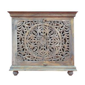 Benzara Molded Wooden Cabinet with Intricate Cutout Design Doors, Distressed Gray UPT-213137 Brown Solid Wood UPT-213137