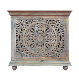 Molded Wooden Cabinet with Intricate Cutout Design Doors, Distressed Gray