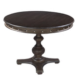 Benzara Round Wooden Farmhouse Dining Table with Rivets Accent and Turned Pedestal Base, Dark Brown UPT-215752 Brown Wood UPT-215752