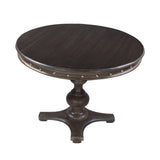 Benzara Round Wooden Farmhouse Dining Table with Rivets Accent and Turned Pedestal Base, Dark Brown UPT-215752 Brown Wood UPT-215752