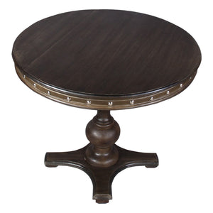 Benzara Round Wooden Farmhouse Dining Table with Rivets Accent and Turned Pedestal Base, Dark Brown UPT-215752 Brown Wood UPT-215752