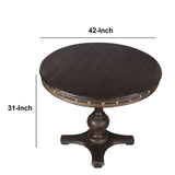 Benzara Round Wooden Farmhouse Dining Table with Rivets Accent and Turned Pedestal Base, Dark Brown UPT-215752 Brown Wood UPT-215752