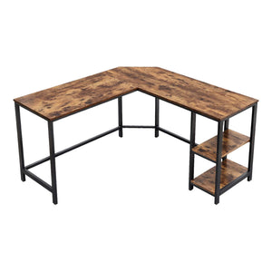 Benzara L Shape Wood and Metal Frame Computer Desk with 2 Shelves, Brown and Black UPT-220582 Brown and Black MDF and Metal UPT-220582