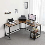 Benzara L Shape Wood and Metal Frame Computer Desk with 2 Shelves, Brown and Black UPT-220582 Brown and Black MDF and Metal UPT-220582