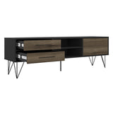 Benzara 60 Inch Wood and Metal 1 Door TV Entertainment Stand with 2 Drawers, Brown and Black UPT-225266 Brown and Black Particle Board and Metal UPT-225266