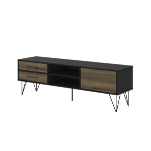 Benzara 60 Inch Wood and Metal 1 Door TV Entertainment Stand with 2 Drawers, Brown and Black UPT-225266 Brown and Black Particle Board and Metal UPT-225266