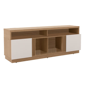 Benzara 71 Inch Wooden Entertainment TV Stand with 4 Open Shelves, White and Brown UPT-225278 White, Brown Particle Board UPT-225278