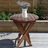 Benzara Farmhouse Wooden Round Folding Chair Side End Table with Planked Top, Rustic Brown UPT-225289 Brown Mango Wood UPT-225289