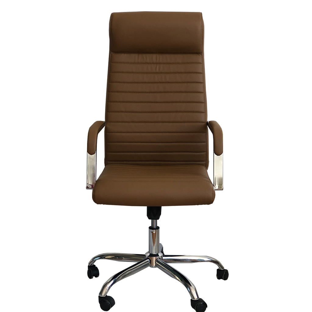 Benzara Adjustable Horizontal Ribbed Ergonomic Leatherette Office Chair with Casters, Beige and Chrome UPT-230091 Beige and Chrome Plywood, Metal, Foam, and Faux Leather UPT-230091