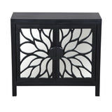 Benzara 32 Inch Rustic Accent Storage Cabinet with Flower Design Mirrored Front, Black UPT-230846 Black Solid Wood, Mirror and MDF UPT-230846