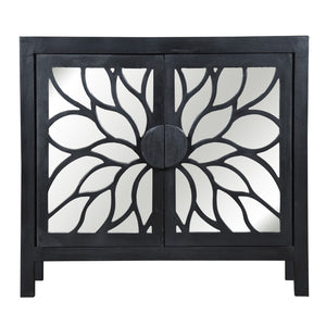 Benzara 32 Inch Rustic Accent Storage Cabinet with Flower Design Mirrored Front, Black UPT-230846 Black Solid Wood, Mirror and MDF UPT-230846