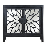 Benzara 32 Inch Rustic Accent Storage Cabinet with Flower Design Mirrored Front, Black UPT-230846 Black Solid Wood, Mirror and MDF UPT-230846