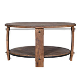 38 Inch Retro Style Round Wooden Coffee Table with Bottom Shelf, Natural Brown