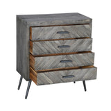 Benzara 29 Inch Chevron Pattern Wooden 4 Drawer Accent Dresser Chest with Angled Metal Legs, Gray UPT-230855 Gray Solid Wood, Metal and MDF UPT-230855