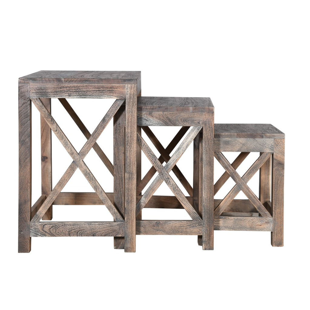 Benzara Rustic Rectangular Farmhouse Mango Wood Nesting Table with X Side Panels, Set of 3, Brown UPT-230857 Brown Solid Wood UPT-230857