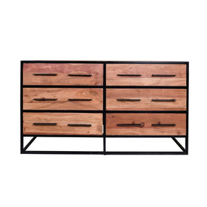 Benzara 6 Drawer Industrial Wooden Storage Dresser with Metal Frame, Brown and Black UPT-231458 Brown and Black Solid Wood and Metal UPT-231458