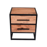 Benzara 2 Drawer Industrial Wooden Accent Storage Nightstand with Metal Frame, Brown and Black UPT-231459 Brown and Black Solid Wood and Metal UPT-231459