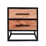 Benzara 2 Drawer Industrial Wooden Accent Storage Nightstand with Metal Frame, Brown and Black UPT-231459 Brown and Black Solid Wood and Metal UPT-231459