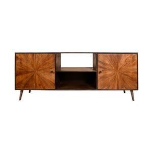 Benzara 65 inch 2 Door Mid Century Modern Wooden Entertainment media TV Stand Unit, Brown UPT-231464 Brown Solid Wood UPT-231464