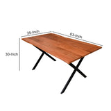 Benzara 63 Inch Wooden Industrial Rectangular Dining Table with X Base and Metal legs,Brown and Black UPT-231470 Brown, Black Solid Wood, Metal UPT-231470