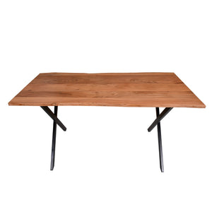 Benzara 63 Inch Wooden Industrial Rectangular Dining Table with X Base and Metal legs,Brown and Black UPT-231470 Brown, Black Solid Wood, Metal UPT-231470