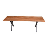 55 Inch Wooden Industrial Rectangular Dining Bench with X Base and Metal legs, Brown and Black