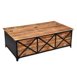 Benzara 54 Inch Metal Cross Front Mango Wood Trunk Storage Coffee Table with Hinged Top,Brown and Blac UPT-232507 Brown and Black Mango Wood, Metal Sheet and Cast Iron UPT-232507