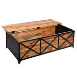 Benzara 54 Inch Metal Cross Front Mango Wood Trunk Storage Coffee Table with Hinged Top,Brown and Blac UPT-232507 Brown and Black Mango Wood, Metal Sheet and Cast Iron UPT-232507