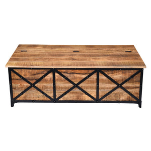 Benzara 54 Inch Metal Cross Front Mango Wood Trunk Storage Coffee Table with Hinged Top,Brown and Blac UPT-232507 Brown and Black Mango Wood, Metal Sheet and Cast Iron UPT-232507