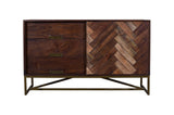 Benzara Herringbone Inlaid Single Door Wood Sideboard Cabinet with 3 Drawers and Metal Base, Brown UPT-238001 Brown Solid Wood and Metal UPT-238001