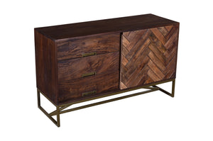 Benzara Herringbone Inlaid Single Door Wood Sideboard Cabinet with 3 Drawers and Metal Base, Brown UPT-238001 Brown Solid Wood and Metal UPT-238001