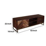 Benzara 63 Inches 2 Drawer Mango Wood TV media Cabinet with Herringbone Inlaid Door Storage, Brown UPT-238002 Brown Solid Wood and Metal UPT-238002