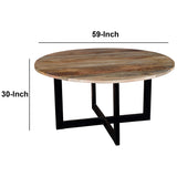 Benzara 59 Inches Round Mango Wood Top Dining Table with Metal Legs, Brown and Black UPT-238004 Brown and Black Solid Wood and Metal UPT-238004