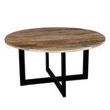 Benzara 59 Inches Round Mango Wood Top Dining Table with Metal Legs, Brown and Black UPT-238004 Brown and Black Solid Wood and Metal UPT-238004