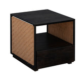 Single Drawer Solid Wood Nightstand with Open Storage and Jute Woven Side Panels, Black