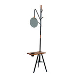 Benzara Standing Metal Coat Rack with Conjoined Mirror and Wooden Desk, Brown and Black UPT-238072 Brown and Black Acacia Wood, Mirror, and Metal UPT-238072